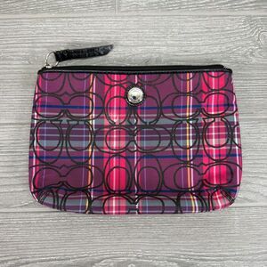 COACH Pink Poppy Tartan Plaid Glitter Makeup Cosmetic Zipper Pouch Travel Bag